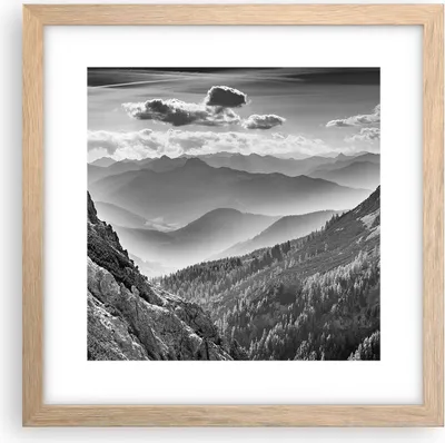 Produktbild von Gerahmtes Poster - Rahmen in heller Eiche - Schwarzweiß Landschaft Berge - 30x30 cm - Wand Bild - Wanddeko - Wandbilder - Kunstposter - Wandposter - Bilderrahmen - Bilder - P2NAC30x30-4560