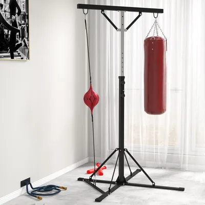 Produktbild von Boxsackständer höhenverstellbar mit Speedball, Stahl, 2-in-1 Trainingsstation, Schwarz | 160x145x175–220 cm | 22,5 kg | 6 Verstrebungen