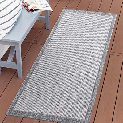 Produktbild von Teppich Outdoor Wetterfest Grau - 80x150 cm - Bordüre - In- & Outdoor Terrasse, Balkon, Flur