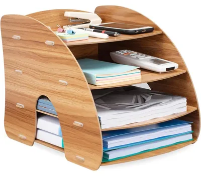 Produktbild von Papierkorb aus Holz mit 4 Fächern fürs Büro, Briefablage, A4-Schreibtischablage, stapelbar, Dokumentenablage, Organizer