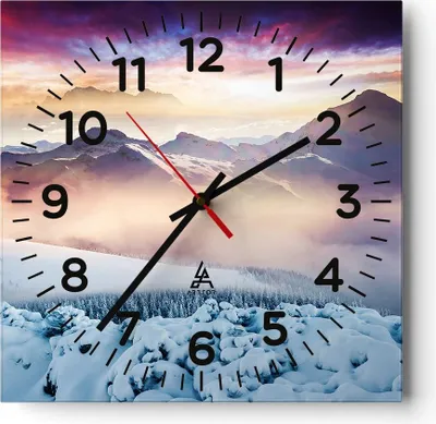 Produktbild von Wanduhr - Quadrat - Glasuhr - Berge Schnee Winter - 40x40cm - Schleichendes Uhrwerk - Lautlos - zum Aufhängen bereit - Dekoration Modern - Wanddekoration aus Glas - C4AC40x40-3596