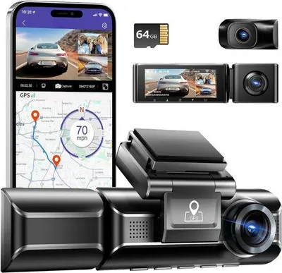 Immagine prodotto di Videocamera per auto con visione notturna e rilevamento del movimento – Full HD – Obiettivo grandangolare – Modalità parcheggio e registrazione in loop – Doppia telecamera – Con scheda SD