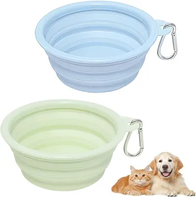 Produktbild von Faltbarer Hundenapf, 350 ml, 2 Stück, BPA-freies Silikon, für Reisen, grau, blau und grün