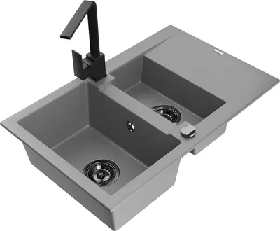 Produktbild von Mexen Gaspar 1,5-Becken-Granitspüle mit Abtropffläche und Mischbatterie Rita, Grau - 6507-71-670300-70-B