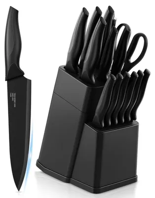 Produktbild von Messerset 15-teilig Edelstahl Schwarz mit Messerblock & Wetzstahl