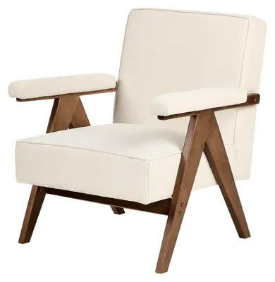 Produktbild von Sessel mit hellbeigem Stoffbezug und Armlehnen, tiefe Sitzfläche, Retro-Design