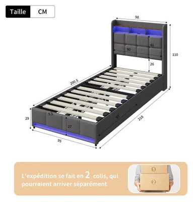 Zdjęcie produktu dla Łóżko 90x200 cm - Łóżko tapicerowane, jednoosobowe - Oświetlenie LED - 4 szuflady - Gniazda USB i Type-C - Stelaż - Szary