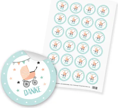 Produktbild von itenga 24x Sticker "Danke / Kinderwagen Vintage" (Motiv 136) mint orange pastell