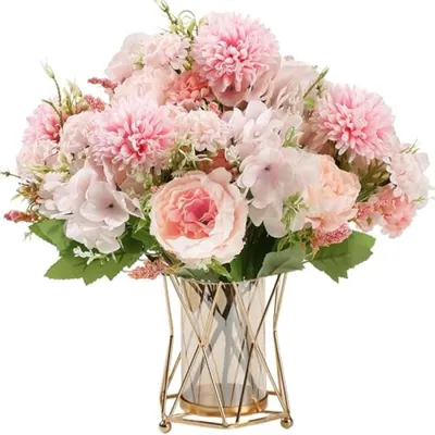Produktbild von PromoHome® 4 Kunstblumensträuße rosa Kunstseide Pfingstrosen Hortensien für Hochzeit Party Tischdeko Zuhause