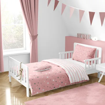 Produktbild von Babybettwäsche Stella, Sterne, Streifen 100x135 + 40x60 cm, 2-teilig, 100% Baumwolle, Wende-Motiv mit zarten Streifen