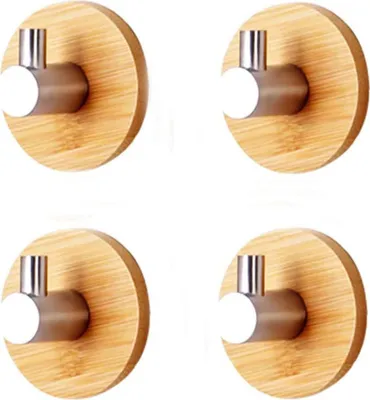 Produktbild von 4 Stück Selbstklebend Haken 304 Edelstahl & Bambus Bademantelhaken Wandhaken Küche Handtuchhalter Kleiderhaken Ohne Bohren Bad Küche Büro Haken Handtuchhaken (klebehaken holz)