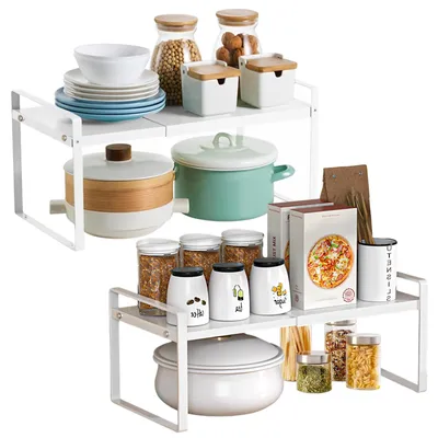 Produktbild von 2er-Set Küchenschrank-Organizer aus Metall, ausziehbar von 35 bis 65 cm, Küchenregal, für die Arbeitsplatte, weiß, 35 x 22 x 17 cm, Gewürzorganizer, Gewürzhalter