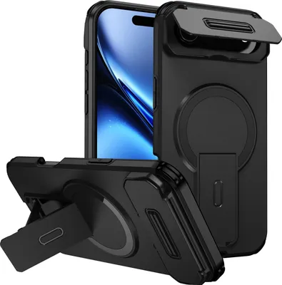 Obrázek produktu pro Magnetické pouzdro pro iPhone Air, dvouvrstvé odolné pouzdro s posuvnou ochranou fotoaparátu a nastavitelným stojánkem Černá