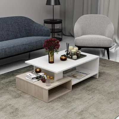 Image de HOMIDEA DUX Table basse Table de salon Table de canapé Design moderne avec tablette (Blanc/Avola)
