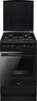 A freestanding black gas range with an open glass lid.