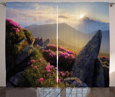 Produktbild von ABAKUHAUS Berg Rustikaler Vorhang, Sonnenaufgang Rhodonderons, Wohnzimmer Universalband Gardinen mit Schlaufen und Haken, 280 x 260 cm, Gelb Grün Rosa