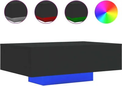 A 3D rendering of a black rectangular coffee table with a blue rectangular base, displayed alongside inset circular images showing color options.