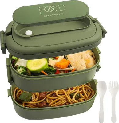 Produktbild von Lunchbox 2 Etagen - 1550ml Brotdose für Erwachsene - Lunch Box mit 3 Fächern und Besteck, BPA Frei, Mikrowellengeeignet, Spülmaschinenfest, 19 x 12 x 12cm, Hellblau