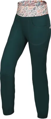 Dunkelgrüne Kletterhose "Sansa Pants" von Ocun mit buntem; gemustertem Bund.
