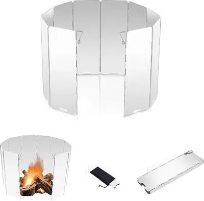Immagine prodotto di Parascintille - Barbecue a gas da campeggio - Protezione anti-schizzi - Protezione contro le fiamme - Alluminio pieghevole - Parascintille antivento - Cucina da esterno - Accessori da campeggio - Fornello da esterno - Fornello da campeggio - Protezione per fornello a gas - Universale - 10 piastre - Argento
