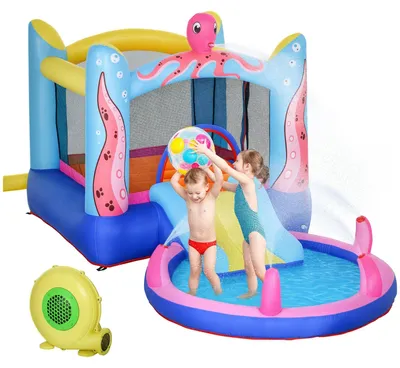 Produktbild von Aufblasbare Hüpfburg - Selbstaufblasend mit Gebläse - Rutsche und Trampolin - Oxford-Gewebe - Für Kinder ab 14 Jahren