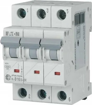 A white electrical circuit breaker with gray and red levers.