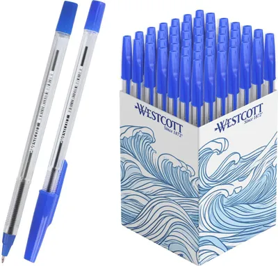 Produktbild von Westcott Kugelschreiber NOW 50 Stück Blau | Dokumentenecht nach ISO 12757-2 | Strickstärke M 0,5mm | Schreibfarbe Blau | Transparenter Schaft | E-745000 00