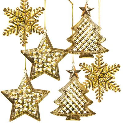 Produktbild von 6 Weihnachtsanhänger Baum + Stern + Schneeflocke aus Metall - goldfarben
