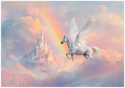 Produktbild von Fototapete Märchenschloss Einhorn Wolken - 250x175 cm - Vliestapete Kinderzimmer - Vlies Fototapete Rosa - 16511VX5