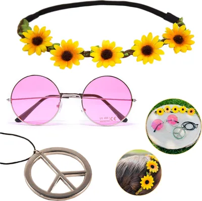 Produktbild von Oblique Unique Hippie Kostüm Accessoire Set - Sonnenbrille + Peace Kette Leder Band + Blumen Haarband für Fasching Karneval