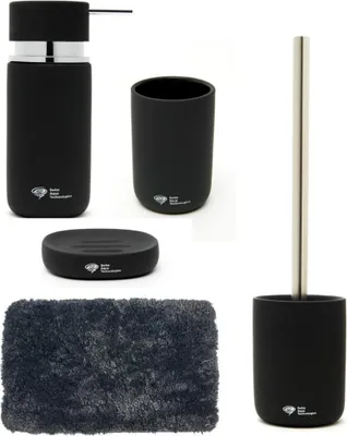 Produktbild von SAT LOFTY Bad Accessoires Set aus Keramik schwarz mit Badezimmermatte 80 x 50 cm dunkelgrau