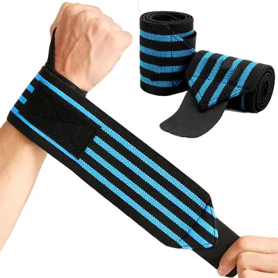 Image de Bandages pour poignets Wrist Wraps 50 cm : bandage pour poignets destiné au fitness, au bodybuilding, à la musculation et au CrossFit (bleu)