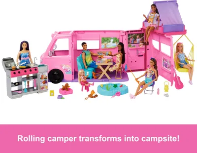 Imagen del producto de Juego de autocaravana de aventuras para Barbie (con tienda de campaña en el techo, parrilla con efecto de cambio de color y 60 accesorios)