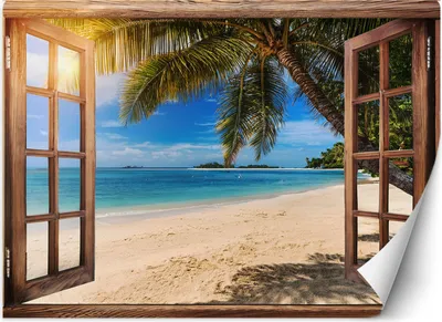 Produktbild von Vlies fototapete Blick aus dem Fenster Tropischer Strand 150x105 cm Feeby Blau inkl. Kleber einfache Montage