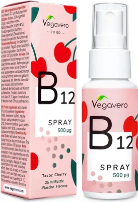 Produktbild von Vegavero Vitamin B12 Spray | 25 ml | 500 µg Methylcobalamin pro Sprühstoß | Kirschgeschmack | ohne Zucker | vegan
