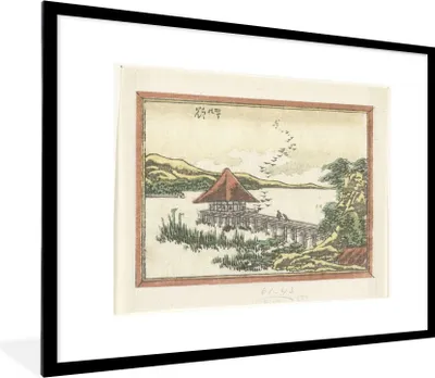 Produktbild von MuchoWow® Gerahmtes Poster Gänse, die auf Katata herabsteigen - Gemälde von Katsushika Hokusai 80x60 cm - Poster mit Schwarzem Bilderrahmen Wandposter Rahmen Foto Bilder - Schlafzimmer-Dekorationen - Fotoposter