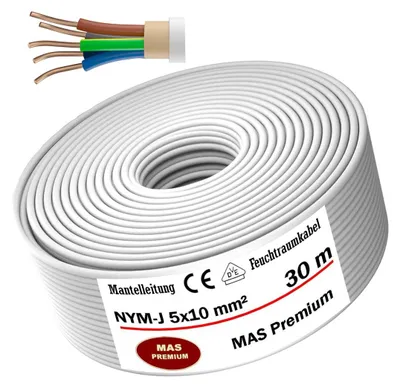 Produktbild von Feuchtraumkabel Stromkabel Mantelleitung 30 m NYM-J 5x10 mm² Elektrokabel