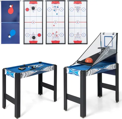 Image de COSTWAY Table de jeu combinée 6 en 1, table multi-jeux de basket, billard, ping-pong, hockey, jeu de palets & bowling pour enfants et adultes