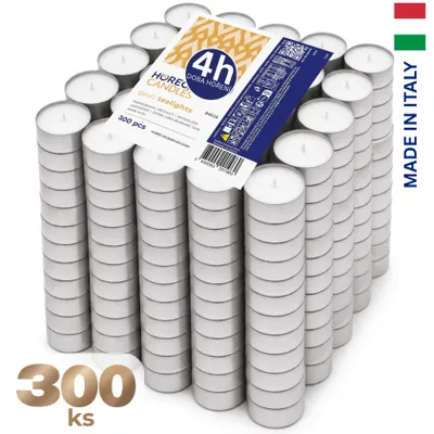 Obrázek produktu pro HORECA CANDLES Čajové svíčky 300 ks, bílé, 4h hoření, bez vůně, parafín – svíčky na svatbu, oslavu, párty, gastronomii a dekorace