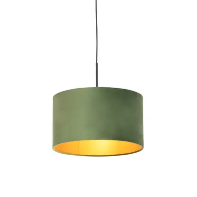 Produktbild von QAZQA - Landhaus I Vintage I Rustikal Hängelampe I Pendellampe I Pendelleuchte mit Veloursschirm grün mit Gold I Messing 35 cm - Combi I Wohnzimmer I Schlafzimmer - Textil Zylinder I Länglich I Rund -