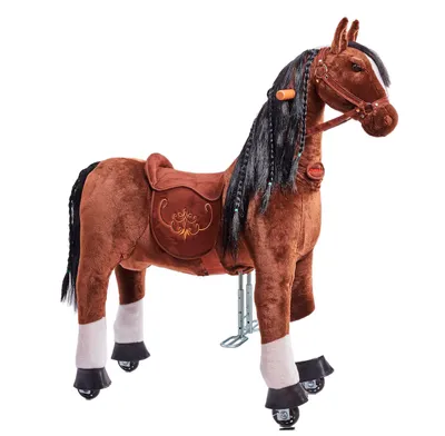 A brown toy horse with a saddle and reins, standing on a white background.