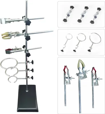 Obrázok produktu pre Laboratórny stojan – stojan na retorty – výška 60 cm – železo – 9 svoriek – na chemické pokusy
