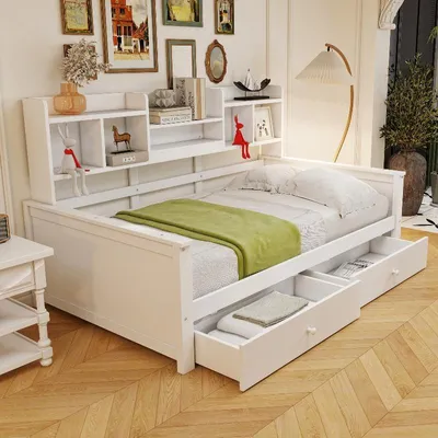 Immagine prodotto di Divano letto 90x200 cm in legno massello bianco, con 2 cassetti, ripiani e rete a doghe, adatto come letto per bambini o come letto per ragazzi