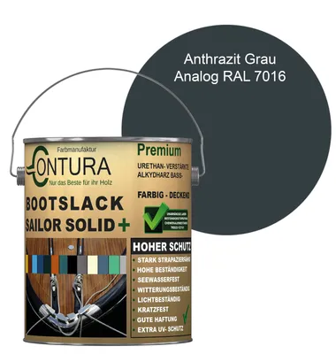 Produktbild von Contura Bootslack 2,5Liter Farbig Glänzend Yacht- Buntlack Metall Holz GFK Holzlack Schiffslack RAL Boot - Anthrazitgrau - RAL 7016 Analog