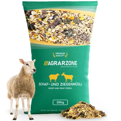 A bag of sheep and goat cereal feed with a sheep standing next to it.