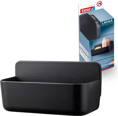 Produktbild von tesa Lavaa Duschkorb M, schwarz matt - Duschablage zur Wandmontage ohne Bohren, inkl. tesa Powerstrips Waterproof Strips XL