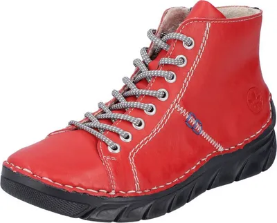 A red lace-up boot with a black sole is shown against a white background.
