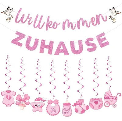 Produktbild von Baby Mädchen Deko Set Rosa Willkommen Girlande mit 8 Hängespiralen zur Geburt