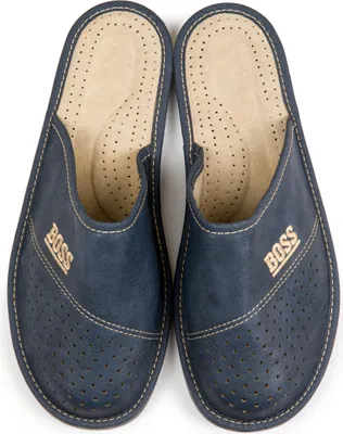 Produktbild von BOSS Herren Hausschuhe aus Kunstleder, mit Echtleder-Innenausstattung, Dunkelblau, elegante Slipper Pantoffeln Gr.41