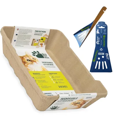 A disposable cat litter box with a scoop and packaging.